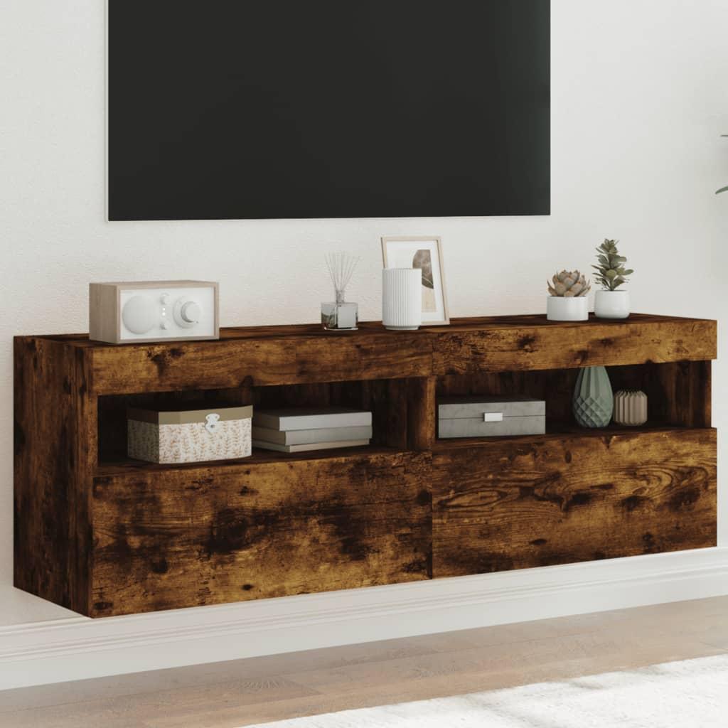 Væghængte tv-borde 2 stk. med LED-lys 60x30x40 cm røget eg