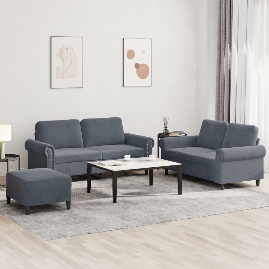 3 personers sofa med hynder velour mørkegrå