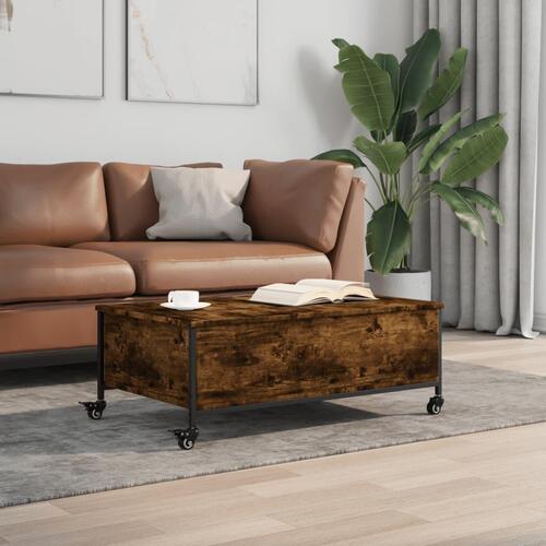 Sofabord med hjul 91x55x34 cm konstrueret træ røget egetræ