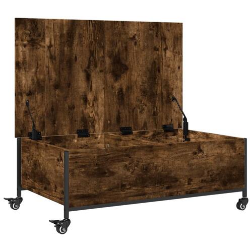 Sofabord med hjul 91x55x34 cm konstrueret træ røget egetræ