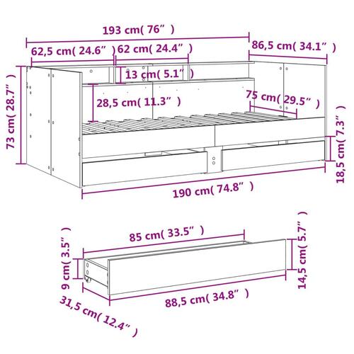 Daybed med skuffer 75x190 cm konstrueret træ røget eg