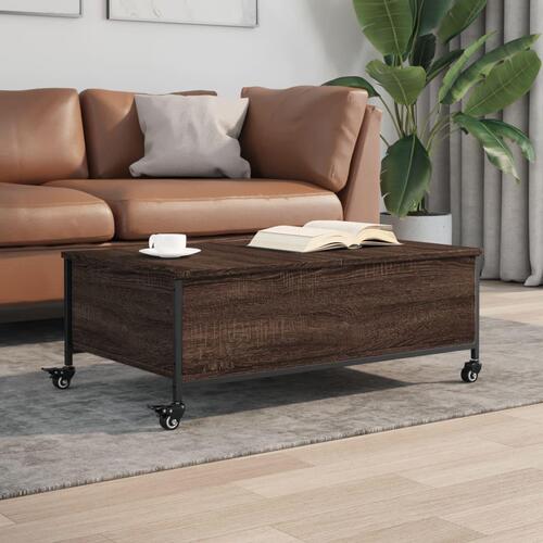 Sofabord med hjul 91x55x34 cm konstrueret træ brunt egetræ
