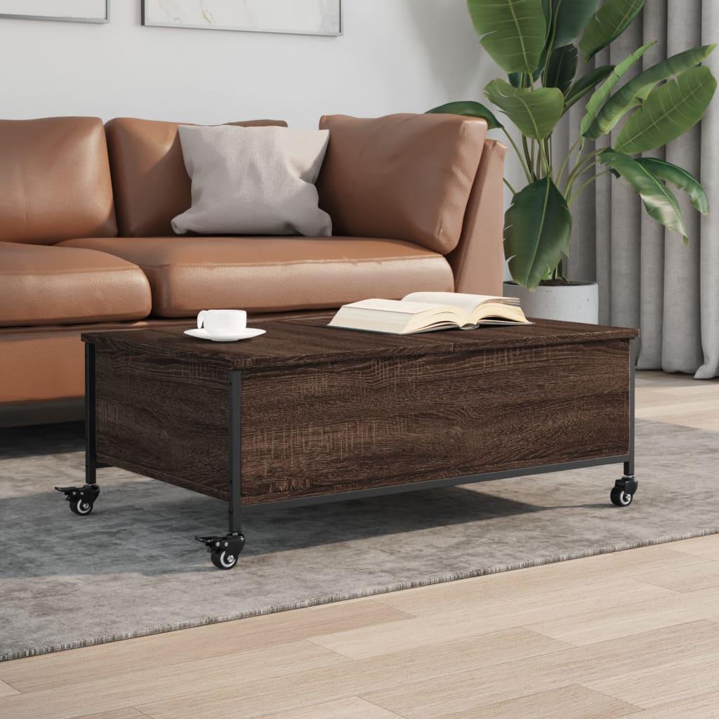 Sofabord med hjul 91x55x34 cm konstrueret træ brunt egetræ