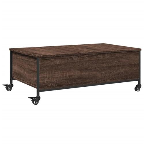 Sofabord med hjul 91x55x34 cm konstrueret træ brunt egetræ