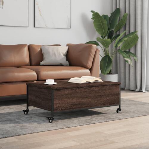 Sofabord med hjul 91x55x34 cm konstrueret træ brunt egetræ