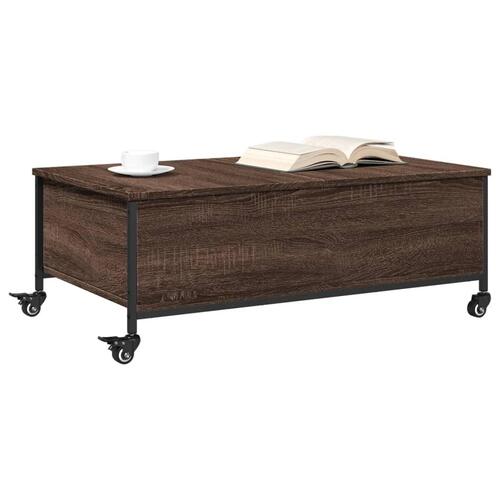Sofabord med hjul 91x55x34 cm konstrueret træ brunt egetræ