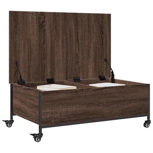 Sofabord med hjul 91x55x34 cm konstrueret træ brunt egetræ