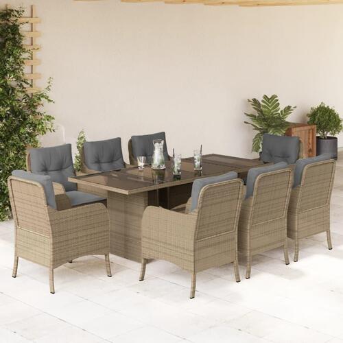 Spisebordssæt til haven 9 dele med hynder polyrattan beige