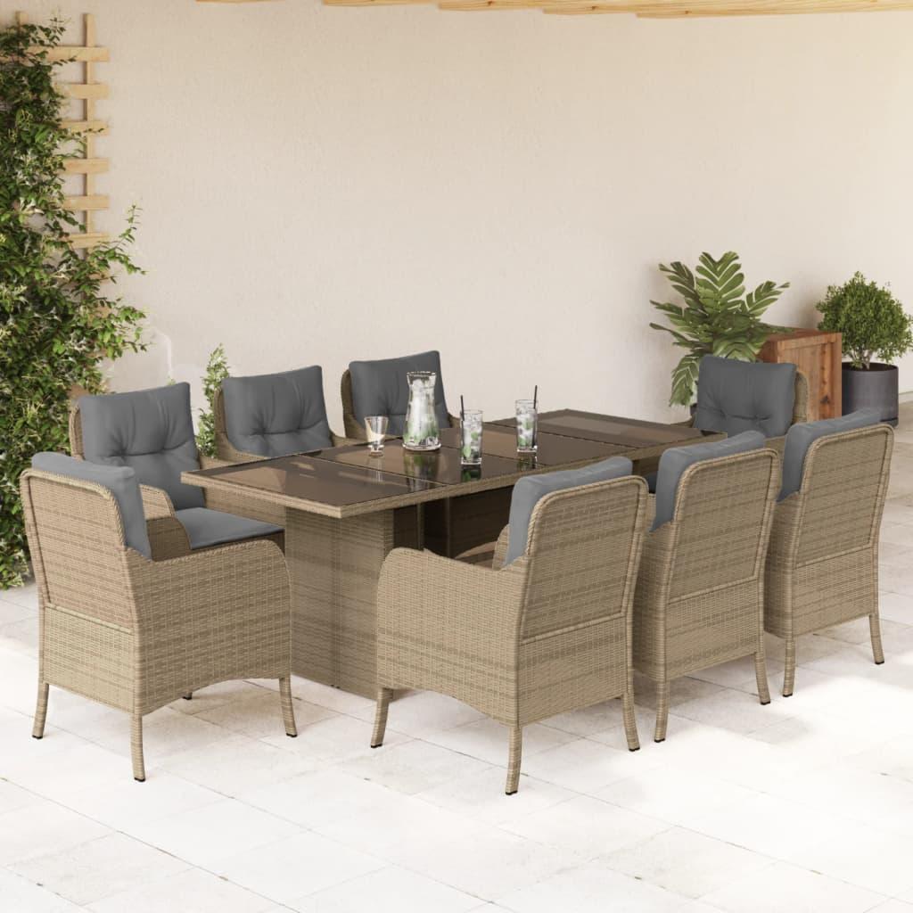 Spisebordssæt til haven 9 dele med hynder polyrattan beige