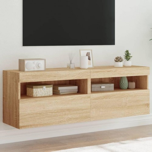 Væghængte tv-borde med LED-lys, 2 stk. - 60x30x40 cm, sonoma-eg