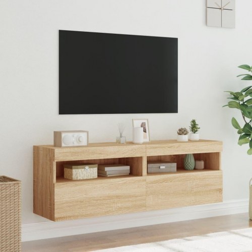 Væghængte tv-borde med LED-lys, 2 stk. - 60x30x40 cm, sonoma-eg