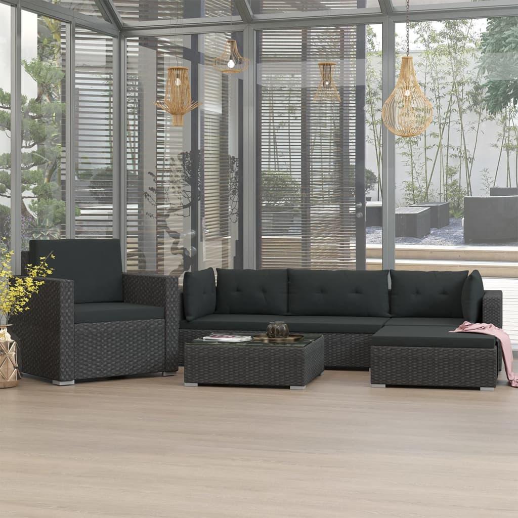 Loungesæt til haven 6 dele med hynder polyrattan sort