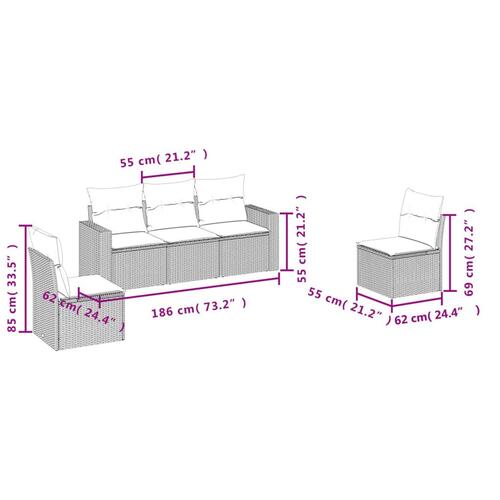Sofasæt til haven 5 dele med hynder polyrattan brun