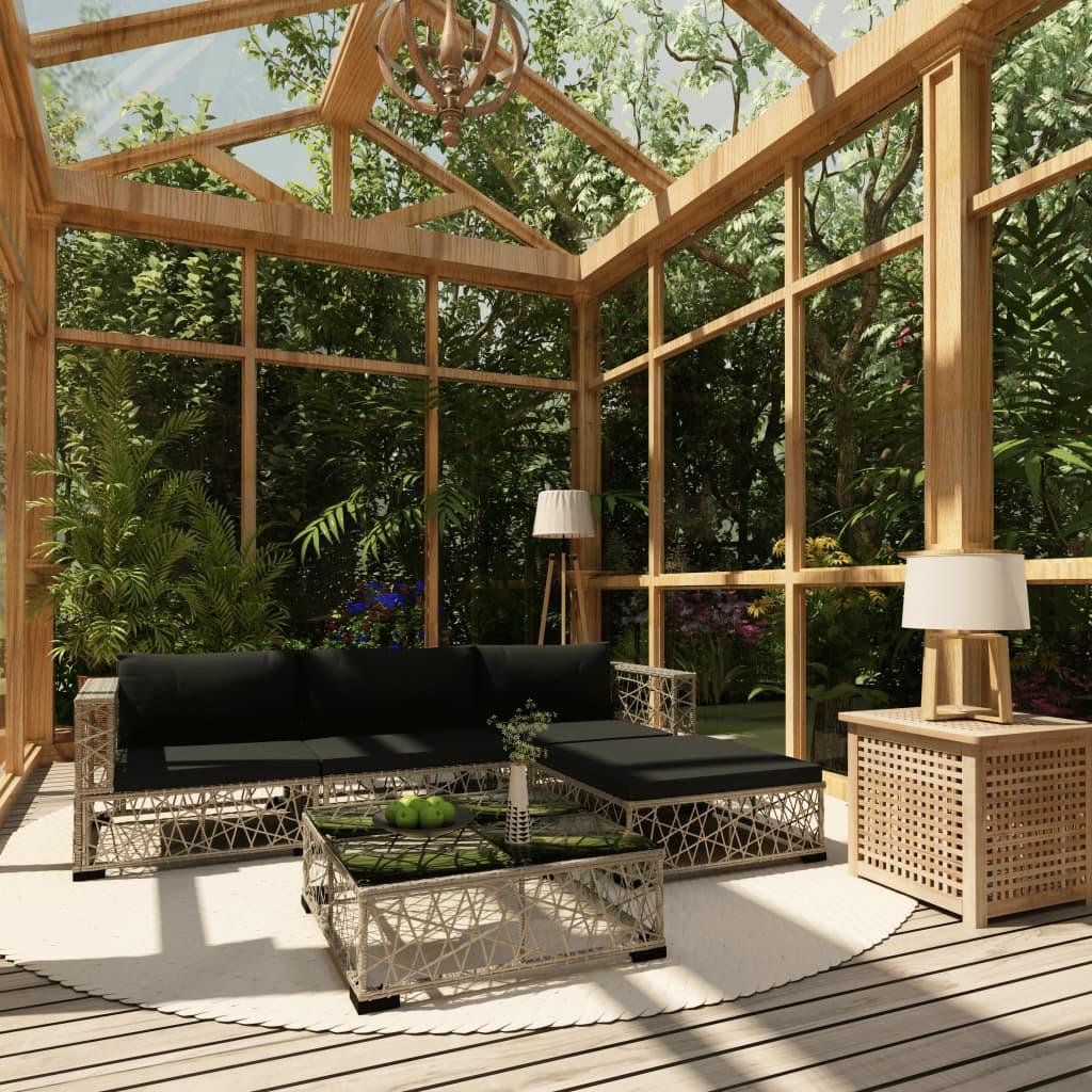 Loungesæt til haven 5 dele med hynder polyrattan grå