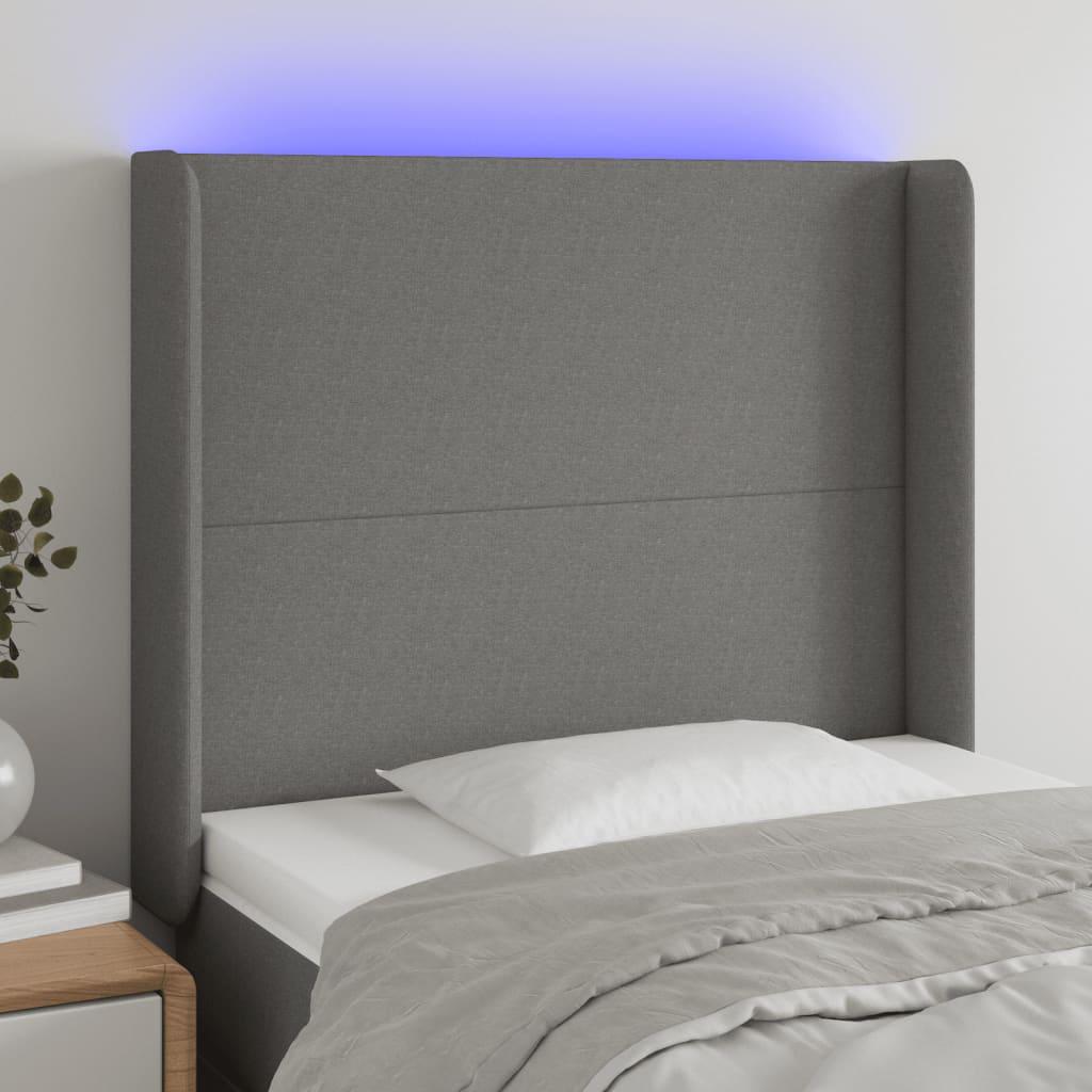 Sengegavl med LED-lys 103x16x118/128 cm stof mørkegrå billede