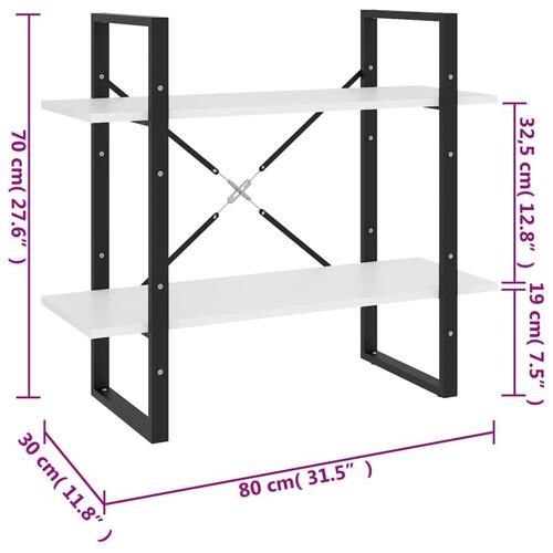 Bogreol med 2 hylder 80x30x70 cm konstrueret træ hvid