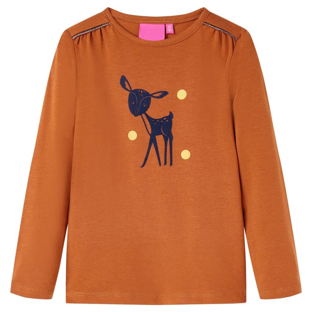 Langærmet T-shirt til børn str. 92 - cognacfarvet med rådyrmotiv