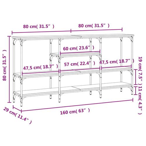 Konsolbord 160x28x80 cm konstrueret træ brun egetræsfarve