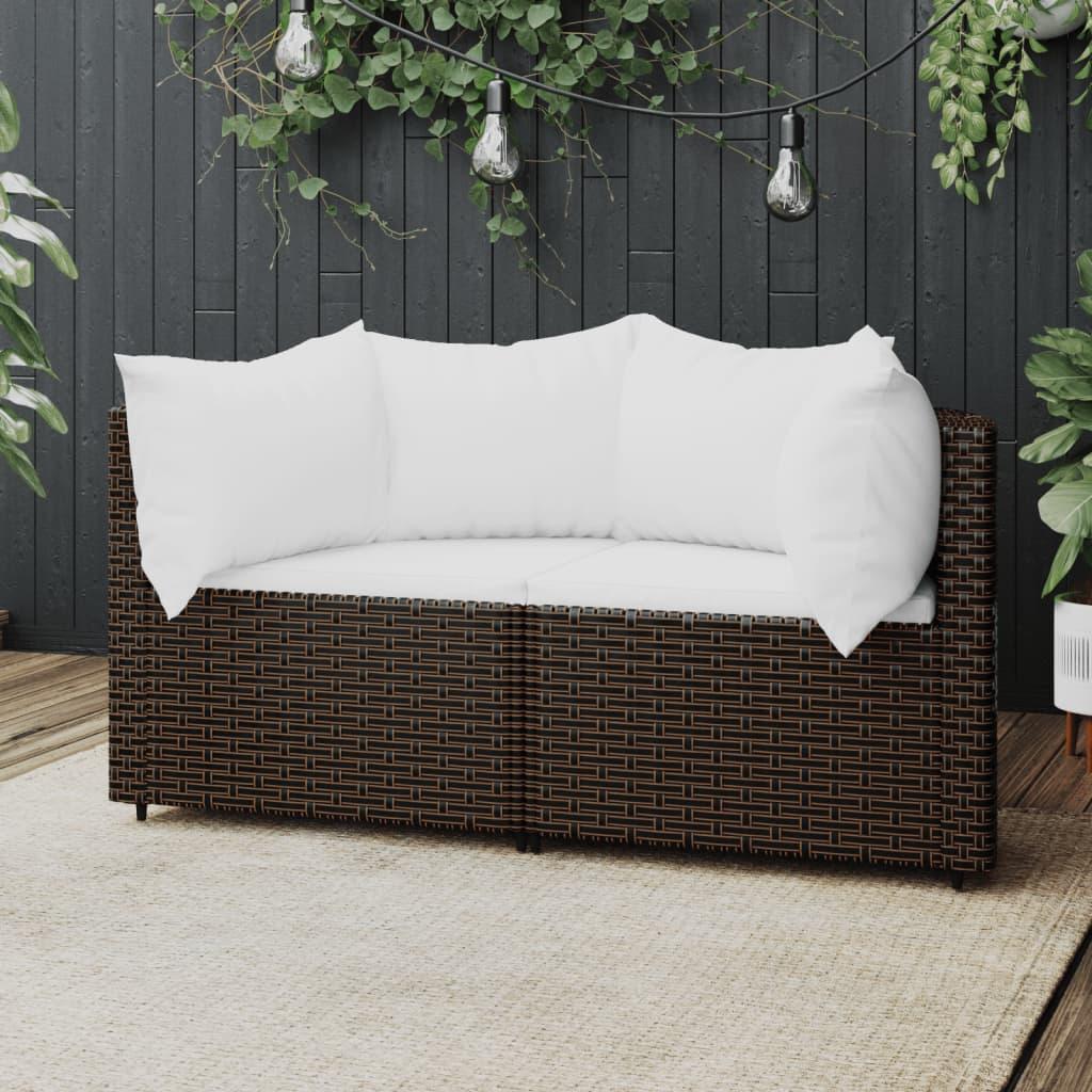 Hjørnemoduler til havesofa 2 stk. med hynder polyrattan brun