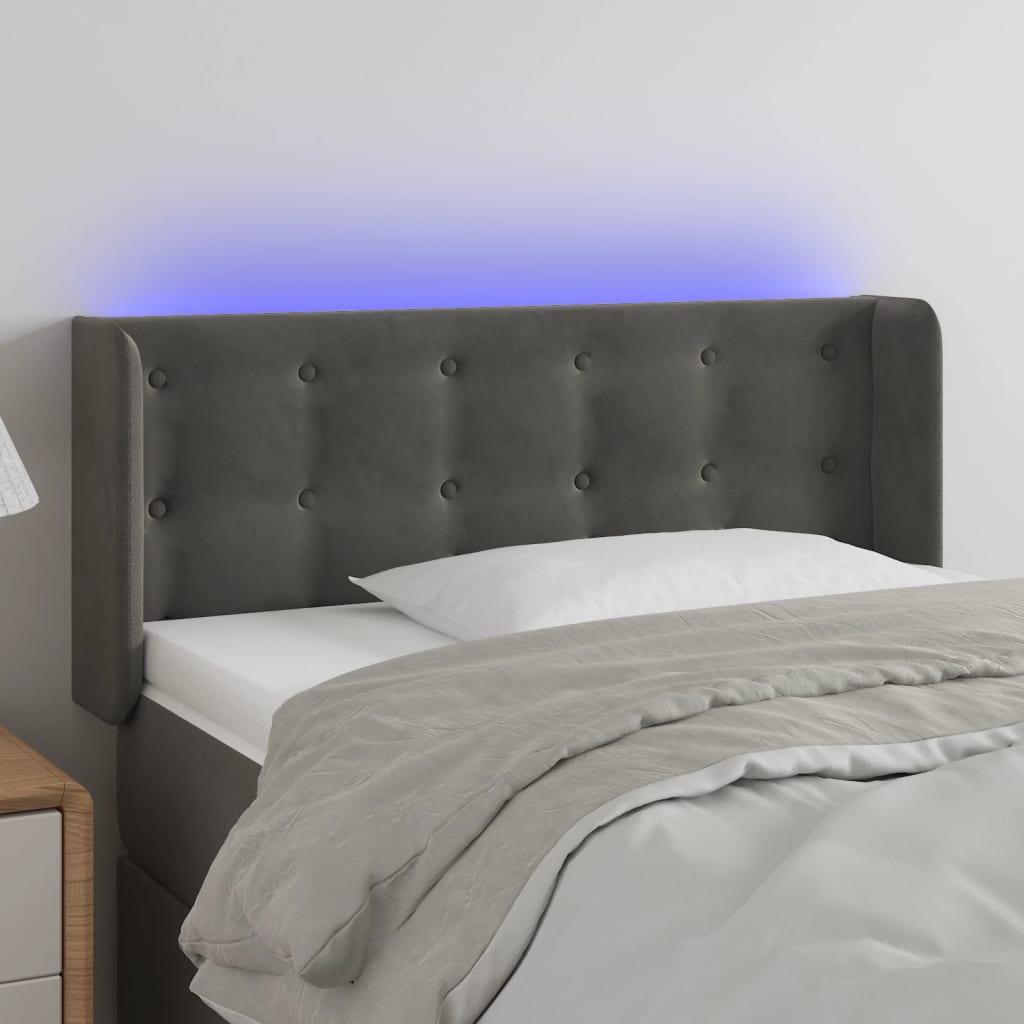 Sengegavl med LED-lys 83x16x78/88 cm fløjl mørkegrå billede