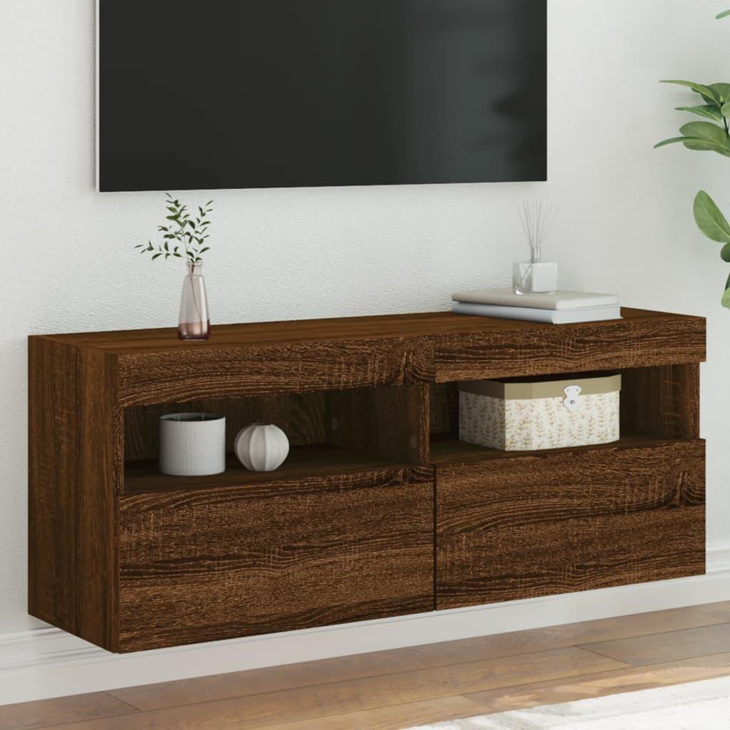 Væghængt tv-bord med LED-lys 100x30x40 cm brun egetræsfarve
