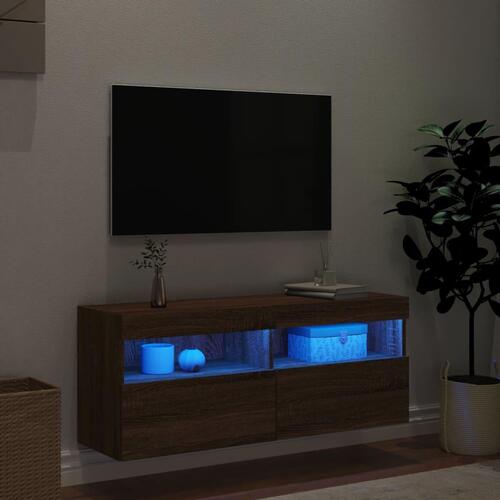 Væghængt tv-bord med LED-lys 100x30x40 cm brun egetræsfarve