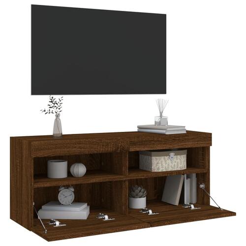 Væghængt tv-bord med LED-lys 100x30x40 cm brun egetræsfarve