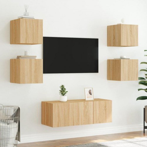 Væghængt tv-bord med LED-lys - sonoma-eg