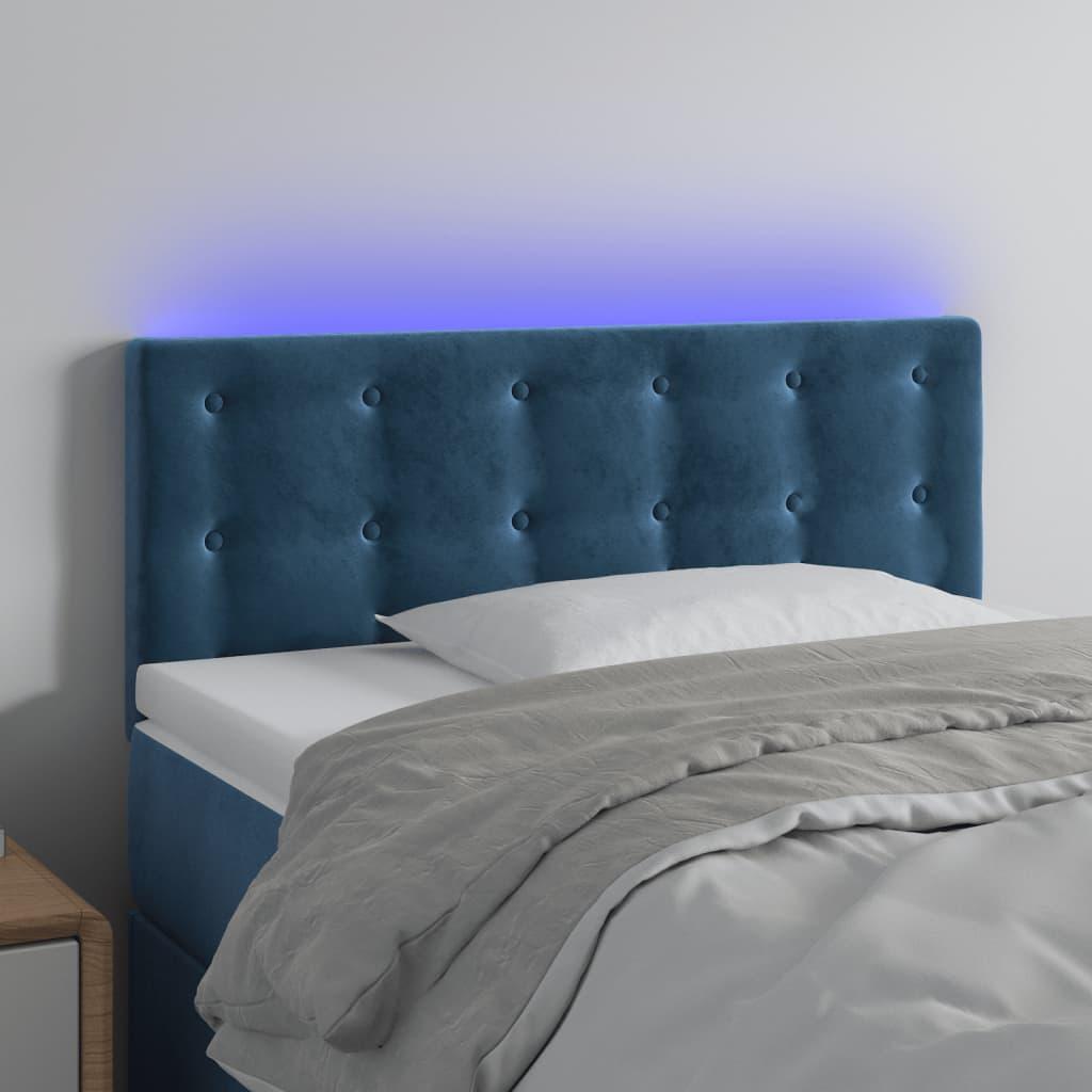 Sengegavl med LED-lys 100x5x78/88 cm fløjl mørkeblå billede