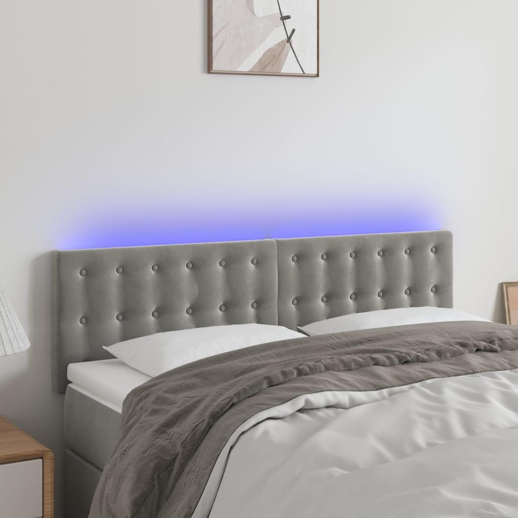 Sengegavl med LED-lys 144x5x78/88 cm fløjl lysegrå billede