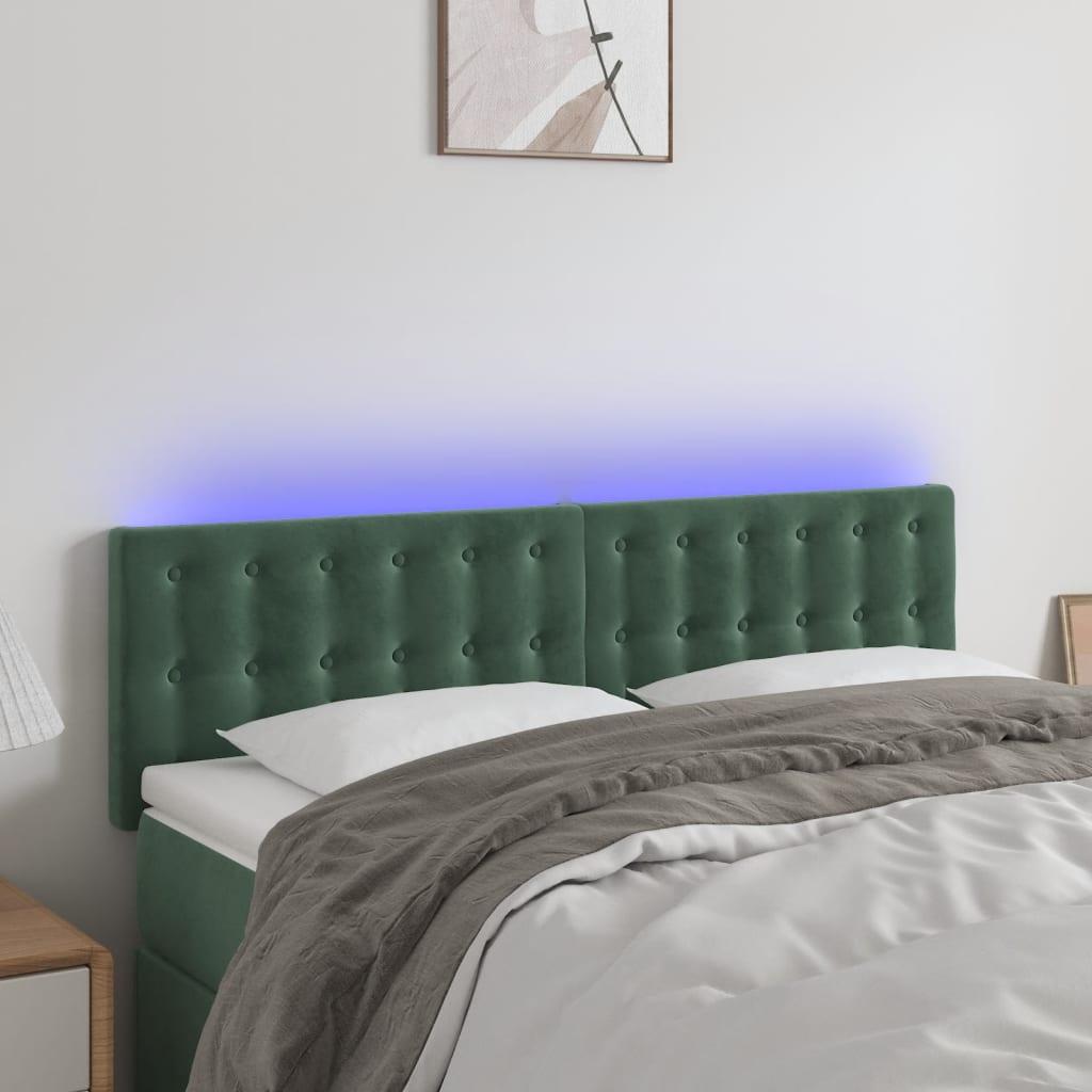 Sengegavl med LED-lys 144x5x78/88 cm fløjl mørkegrøn billede