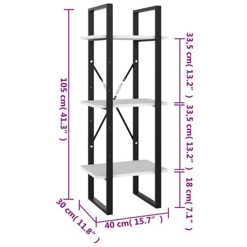 Bogreol med 3 hylder 40x30x105 cm konstrueret træ hvid
