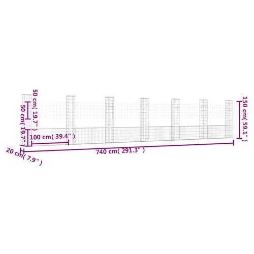 Gabionkurv med 7 stolper 740x20x150 cm U-facon jern