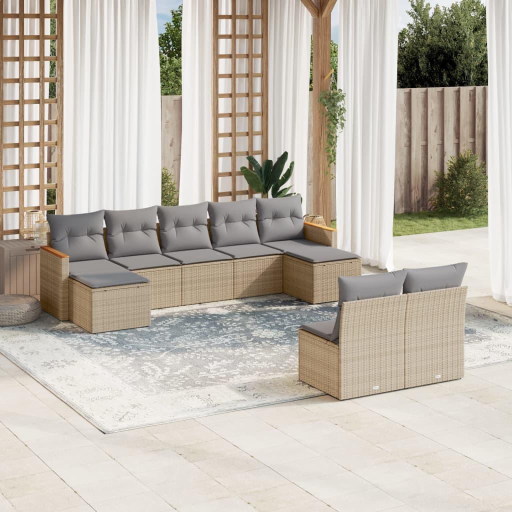 Spisebordssæt til haven 9 dele med hynder polyrattan beige