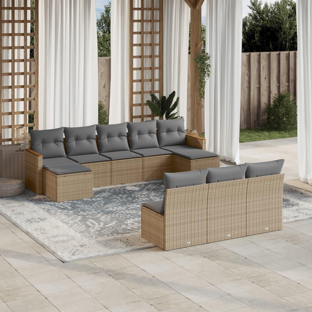 Havesofasæt 10 dele med hynder polyrattan beige