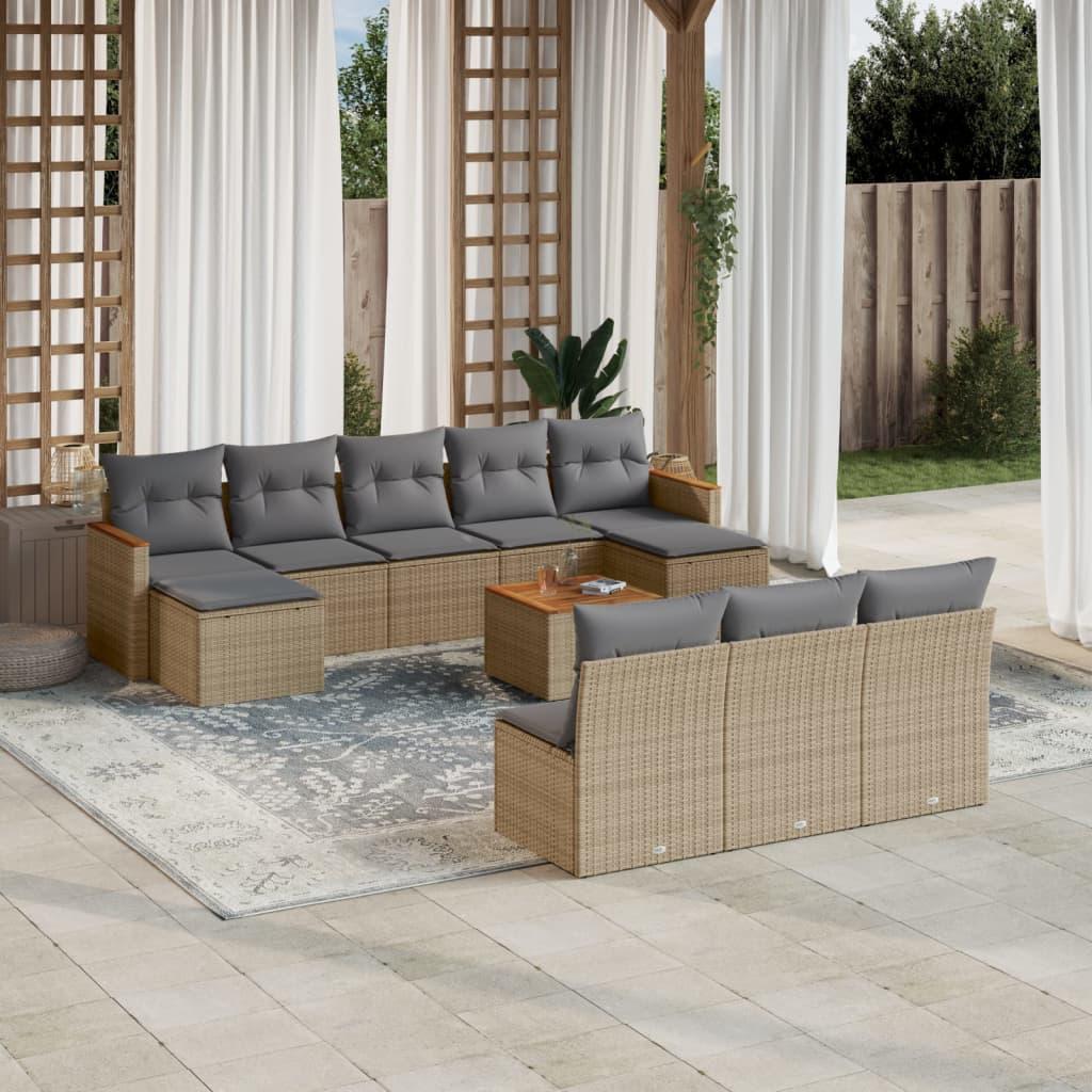 Havesofasæt 11 dele med hynder polyrattan beige