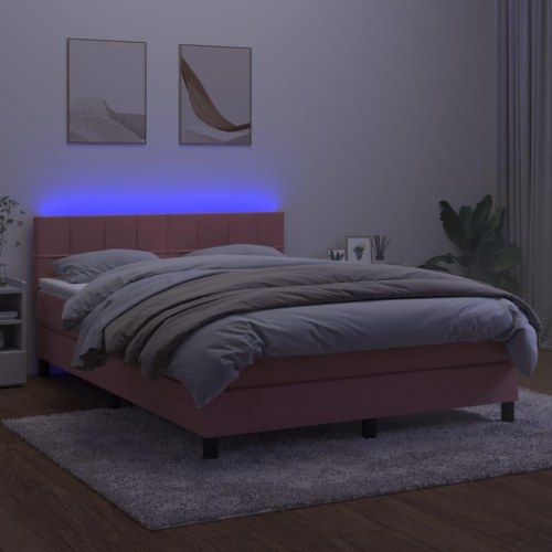 Kontinentalseng med madras og LED-lys 140x200 cm - fløjl, lyserød