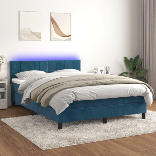 Kontinentalseng med madras og LED-lys 140×190 cm - fløjl, mørkeblå