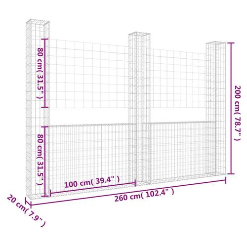 Gabionkurv med 3 stolper 260x20x200 cm U-facon jern