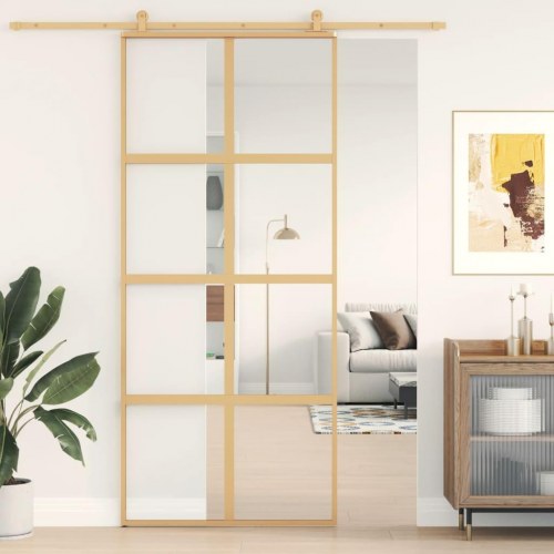Skydedør 90×205 cm - klart sikkerhedsglas og aluminiumsramme, guldfarvet