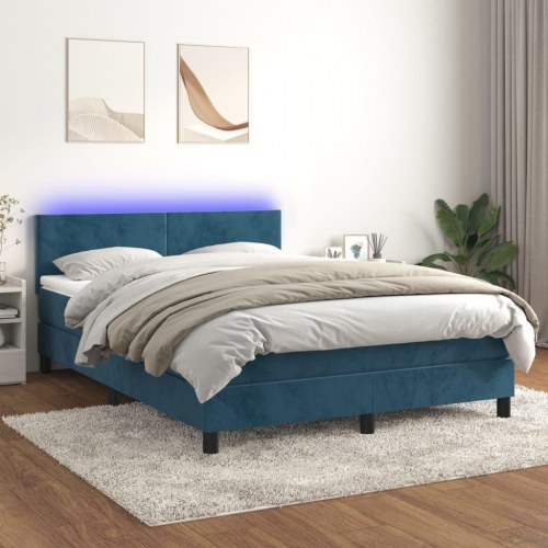 Kontinentalseng med madras og LED-lys 140×190 cm - fløjl, mørkeblå