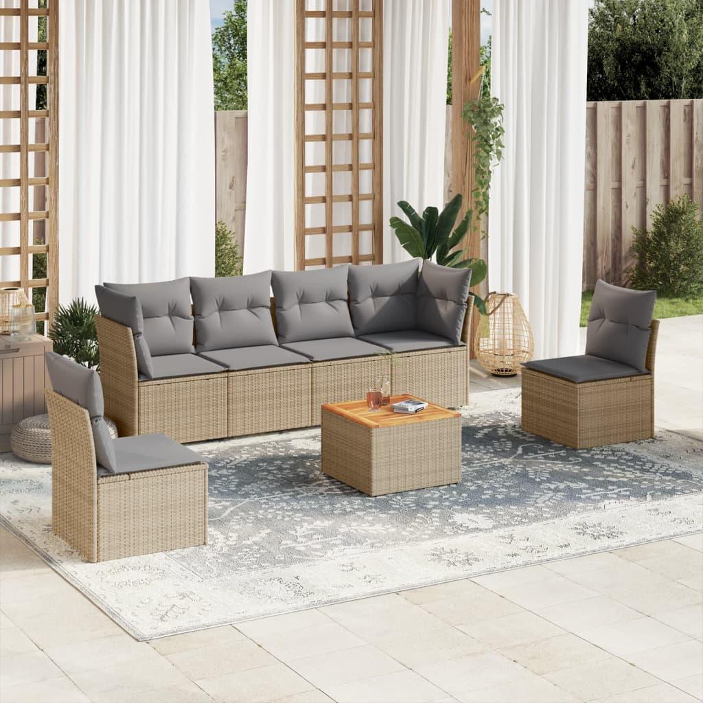 Havesofasæt 7 dele med hynder polyrattan beige