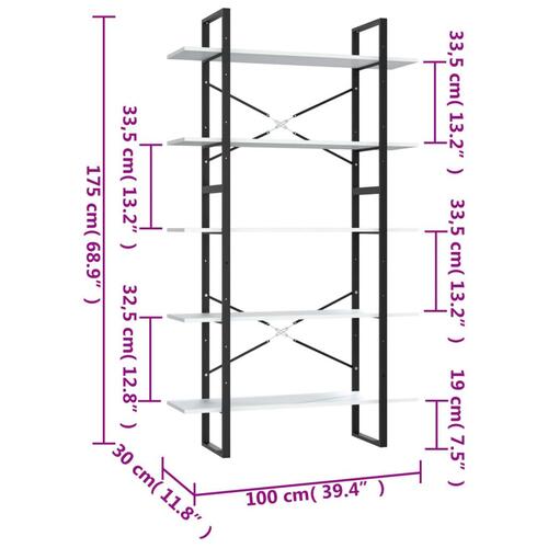 Bogreol med 5 hylder 100x30x175 cm konstrueret træ hvid