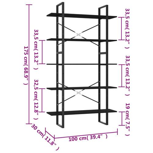 Bogreol med 5 hylder 100x30x175 cm konstrueret træ sort
