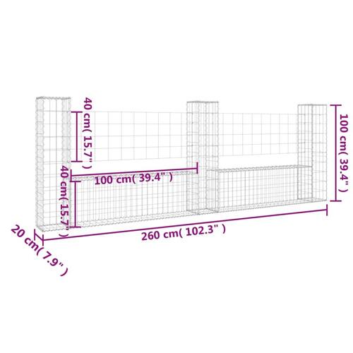 Gabionkurv med 3 stolper 260x20x100 cm U-facon jern