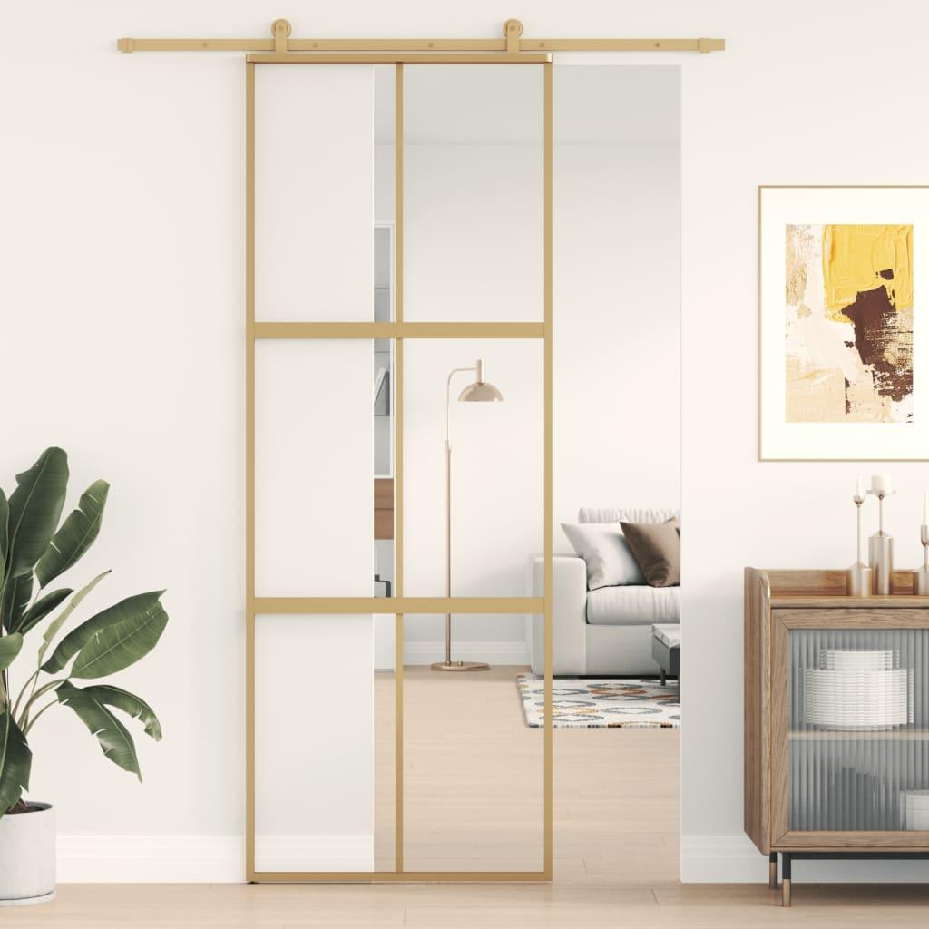 Skydedør 76x205 cm klart sikkerhedsglas og aluminium guldfarvet