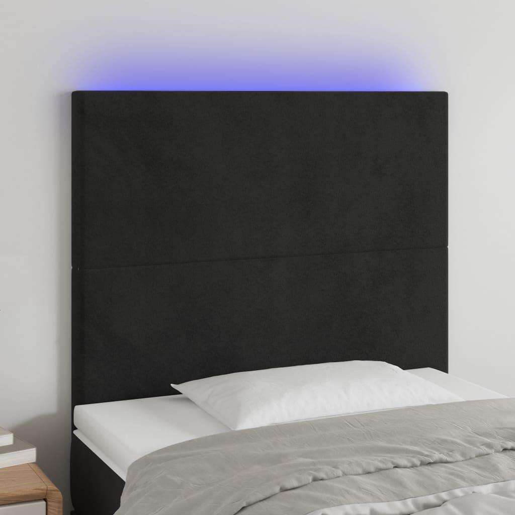 Sengegavl med LED-lys 80x5x118/128 cm fløjl sort billede
