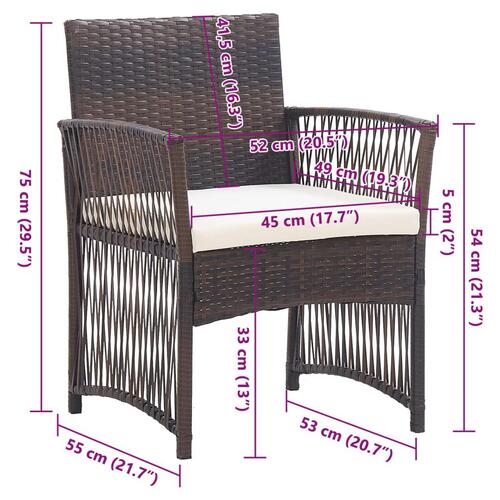 Havestole med hynder 2 stk. polyrattan brun