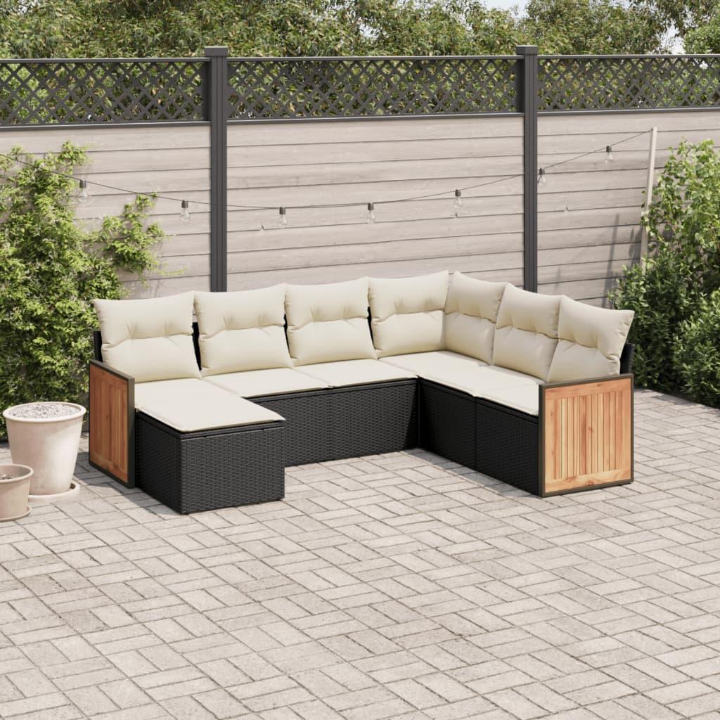 Havesofasæt i polyrattan - 7 dele med hynder, sort