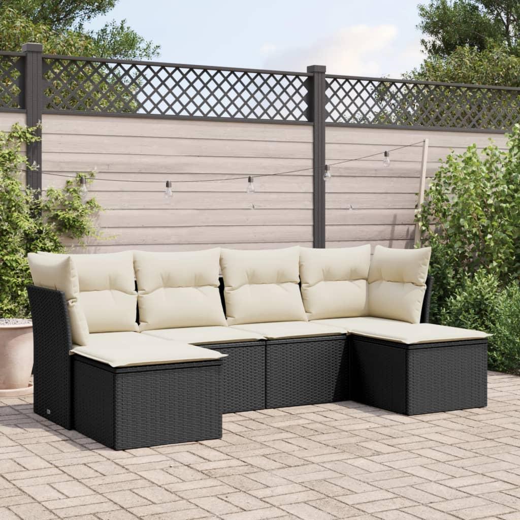 Sofasæt til haven i polyrattan - 6 dele med hynder, sort/creme